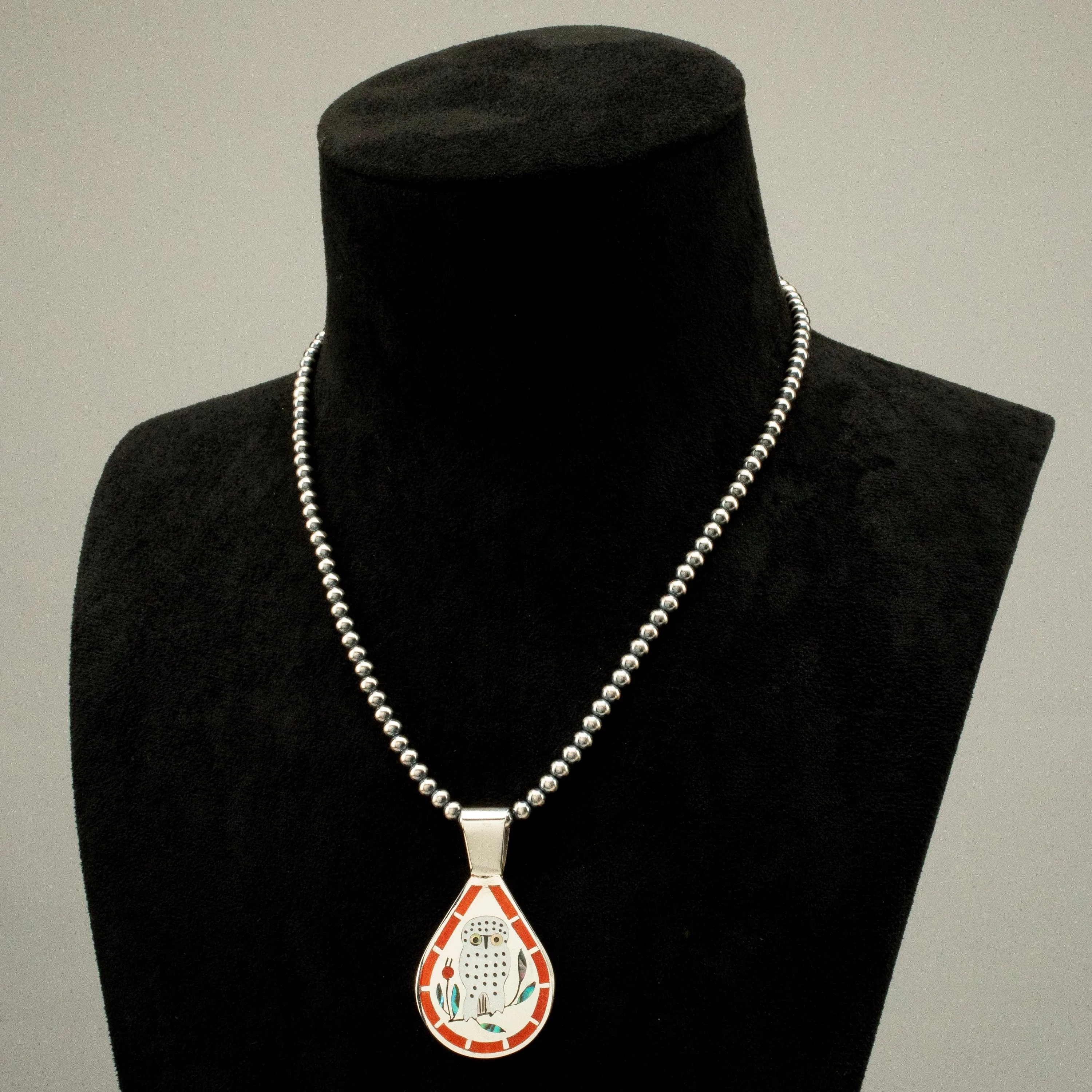 18 Dennis & Nancy Edaakie Mutli Gem Owl Zuni Inlay Pendant with 4mm Navajo Pearl Necklace USA Native American Made 925 Sterling Silver