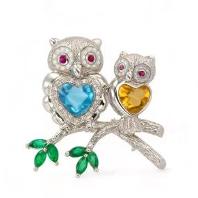 18k white gold duo owls accents blue topaz ruby citrine emerald and diamonds vintage pendant-Pin-11376