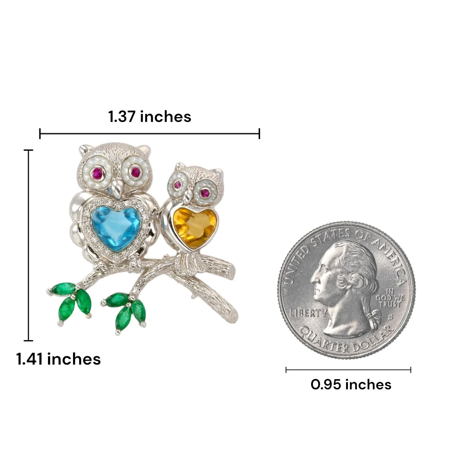 18k white gold duo owls accents blue topaz ruby citrine emerald and diamonds vintage pendant-Pin-11376