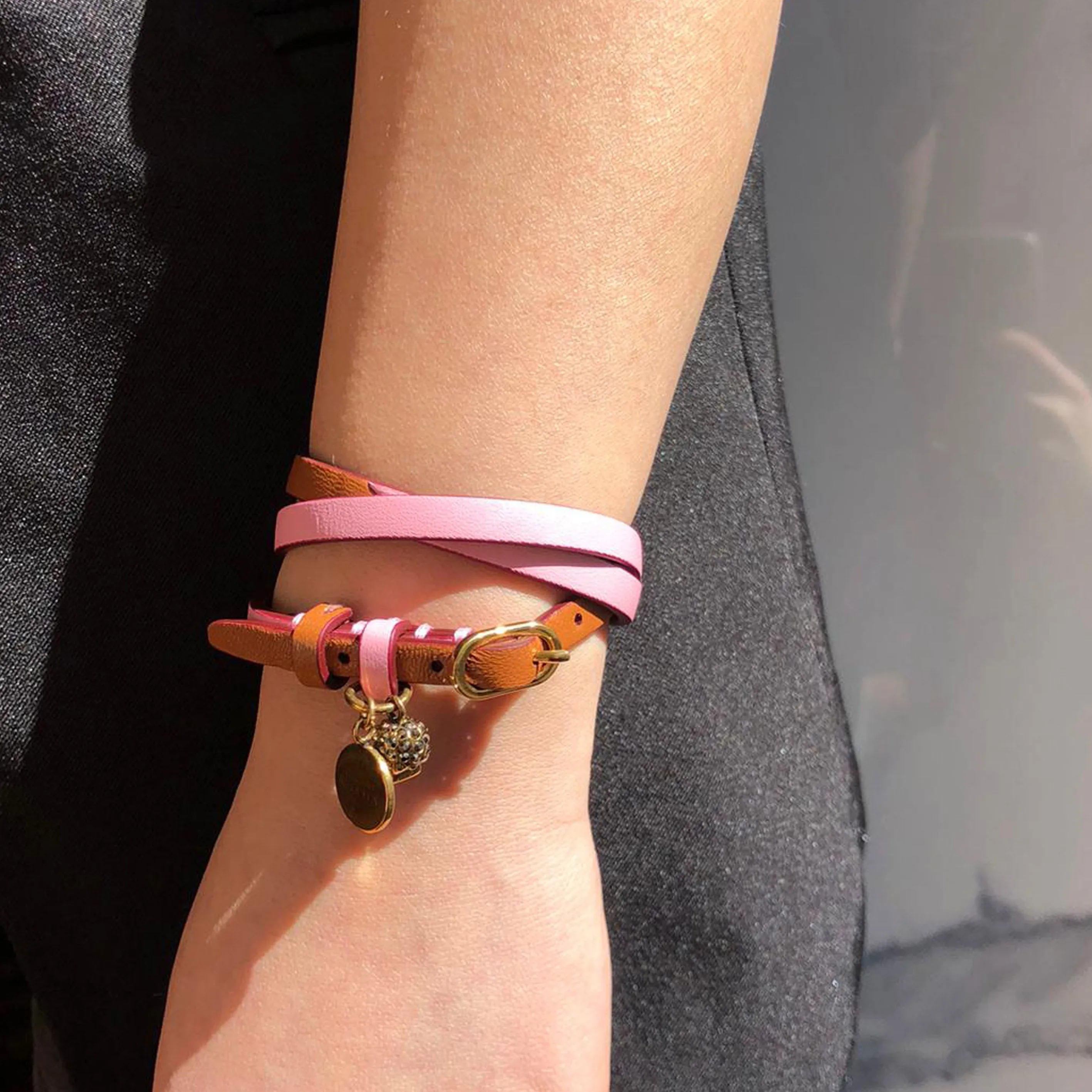 3x Wrap Bi Colour Bracelet, Pink/Tan (G)