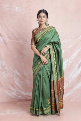 90Z072-NRO Green Handloom Saree with Golden Brown Blouse