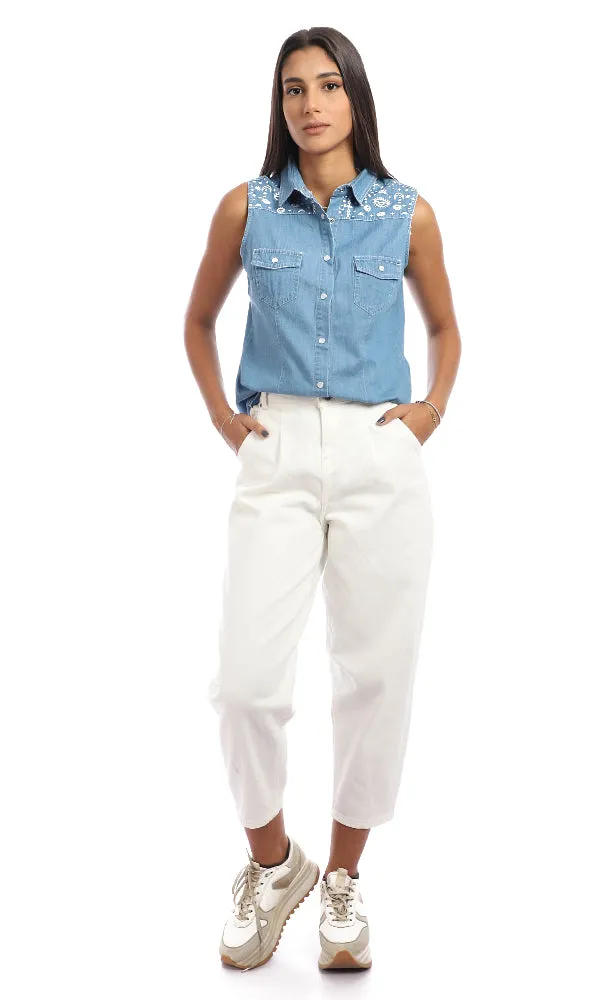 94847 Stitched Cotton Sleeveless Shirt - Meduim Blue