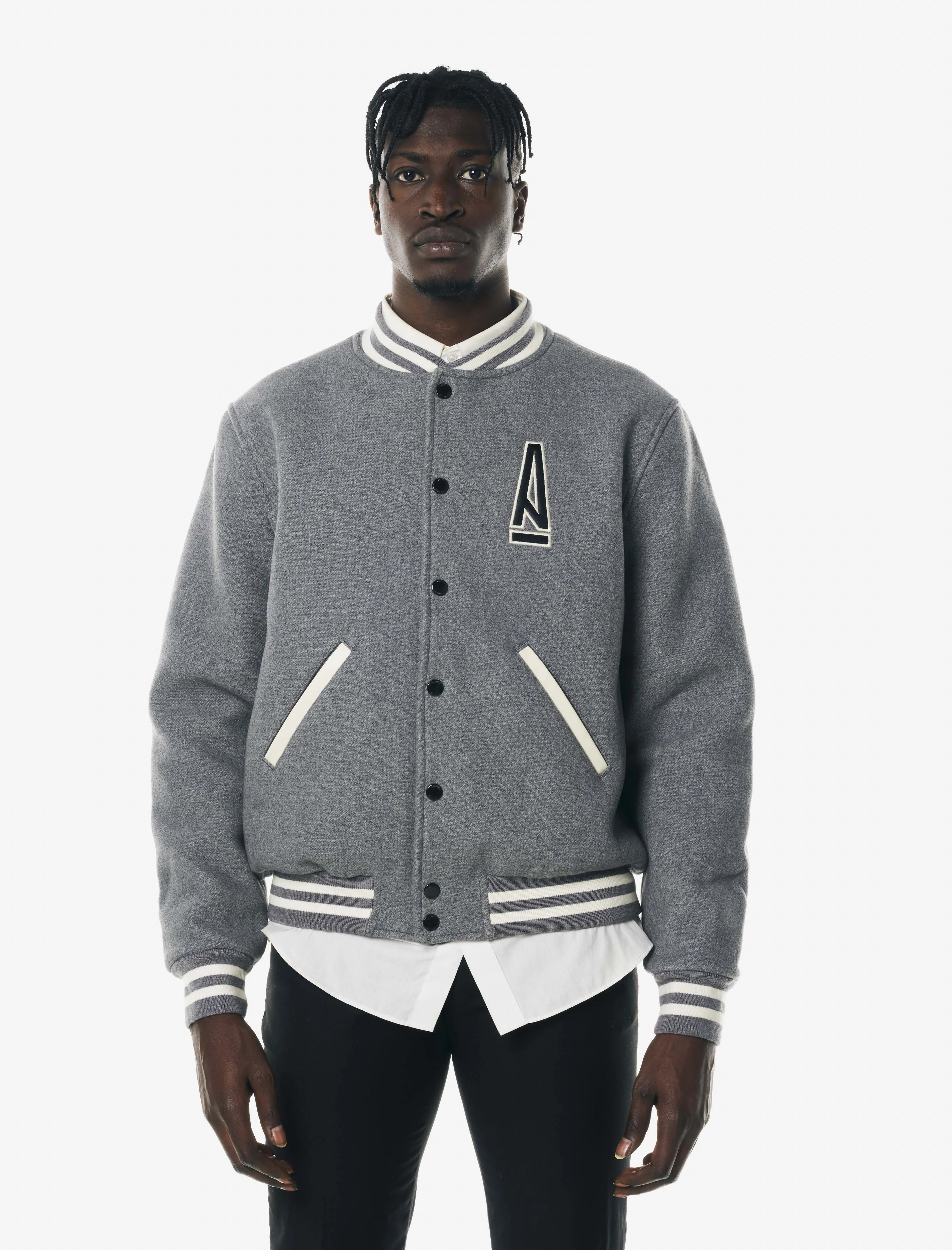 A MA MANIRE LEGACY GREY VARSITY JACKET