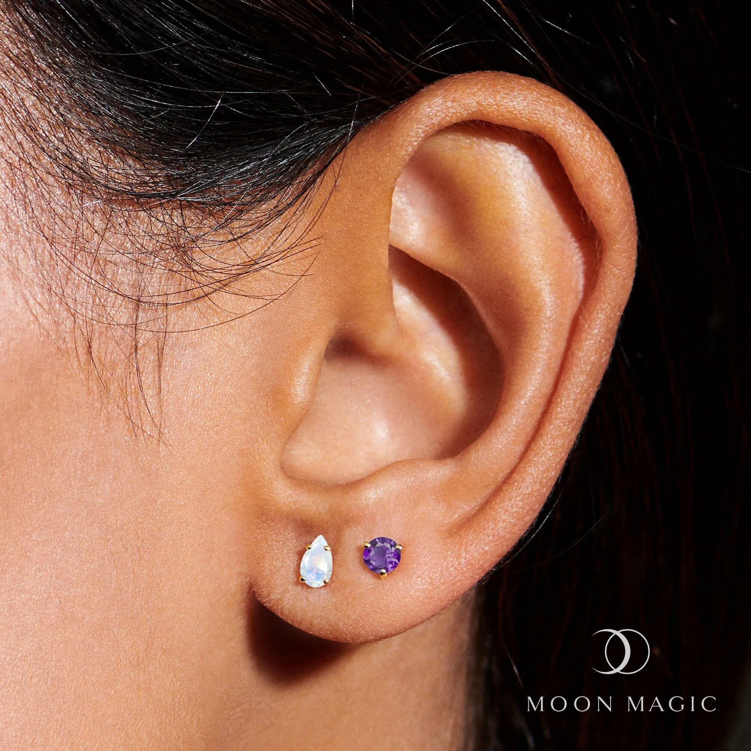 Amethyst Moonstone Petite Round & Teardrop Studs