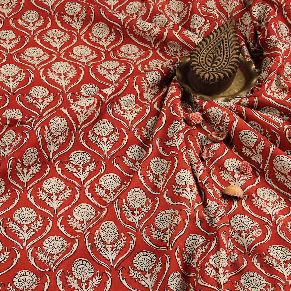 Bagru Floral Jaal Red Hand Block Printed Cotton Fabric