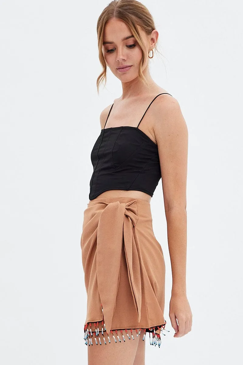 Beige Abstract Wrap Skirt Mini Tassels