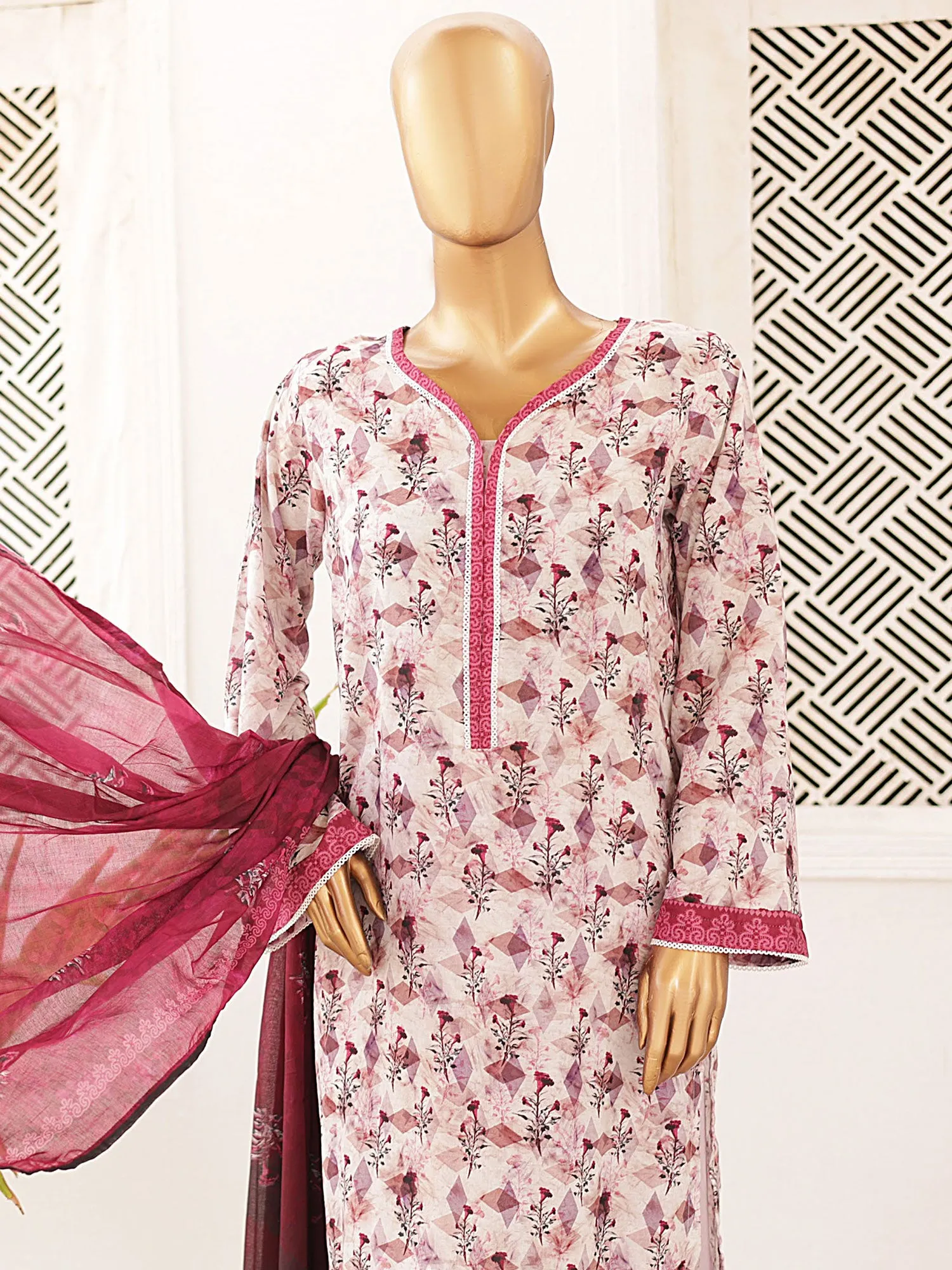 Bin Saeed Printed Lawn 3-Piece Suit - Rose Pink