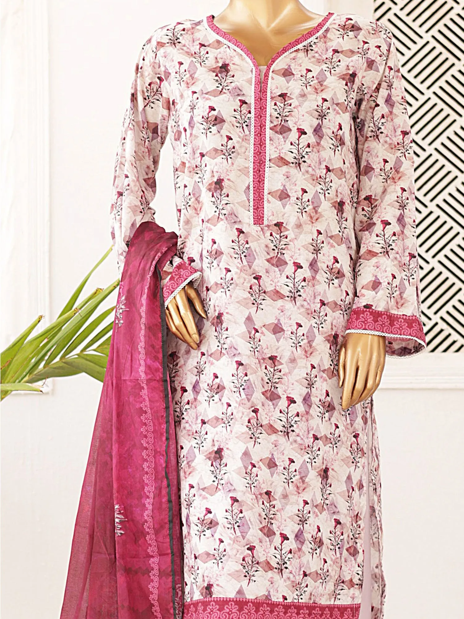 Bin Saeed Printed Lawn 3-Piece Suit - Rose Pink