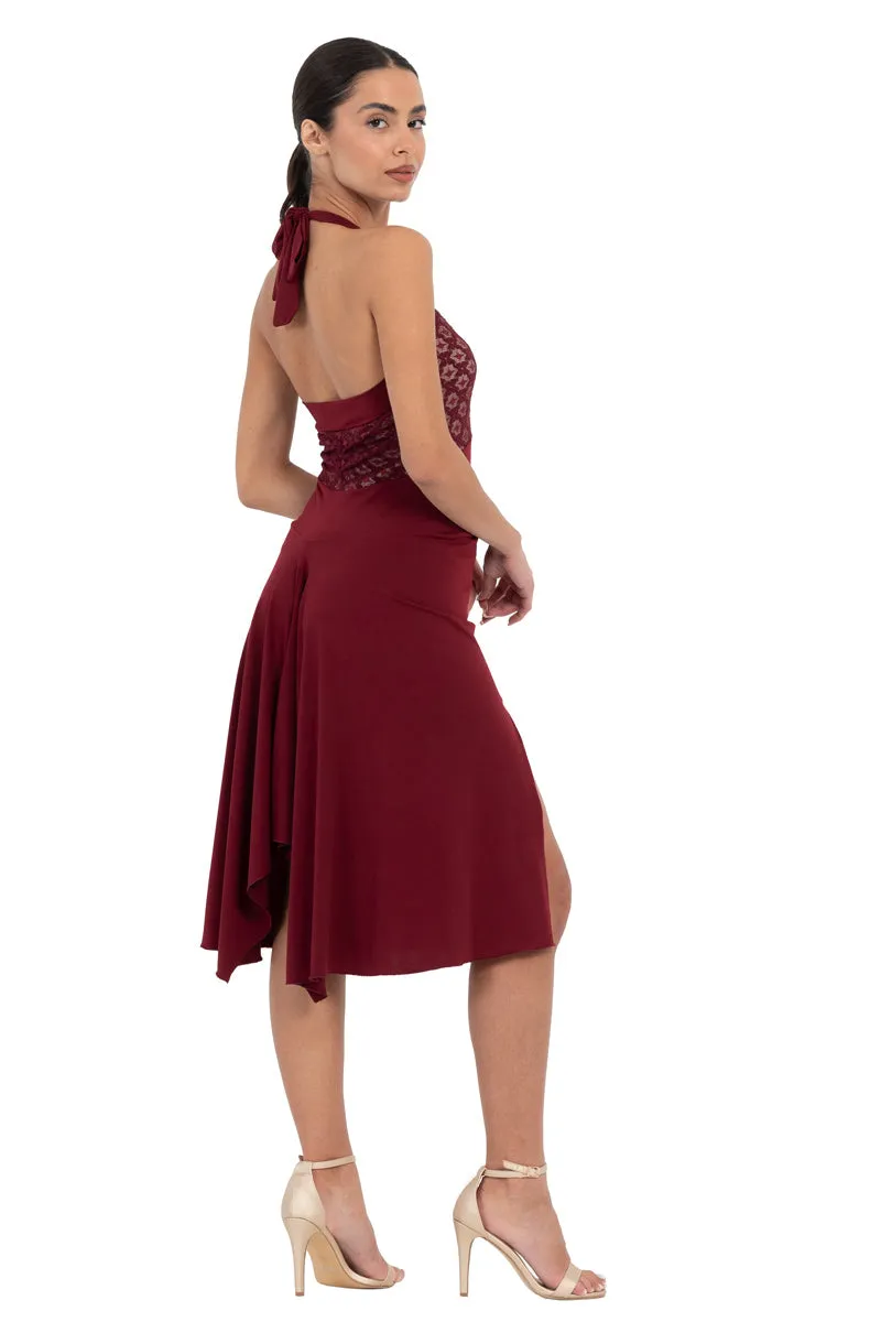 Burgundy Halter-neck Tango Dress with Lace Bust