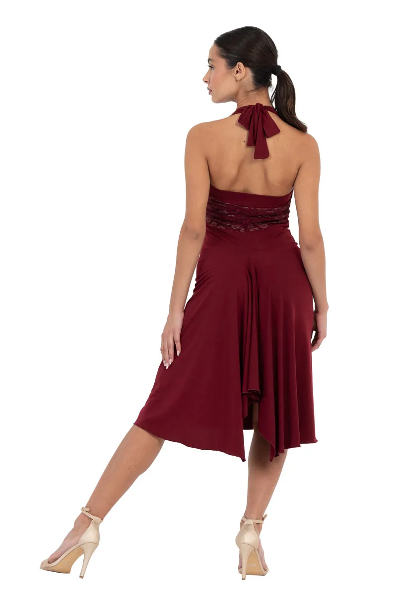 Burgundy Halter-neck Tango Dress with Lace Bust