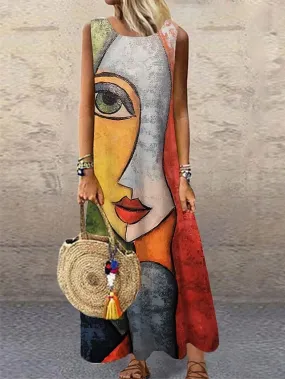 Casual Sleeveless Color Block Maxi Dress with Jacquard Design