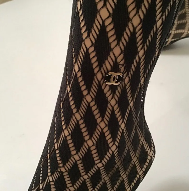 Chanel 09P 2009 Spring fishnet stockings black tights hosiery Sz Large