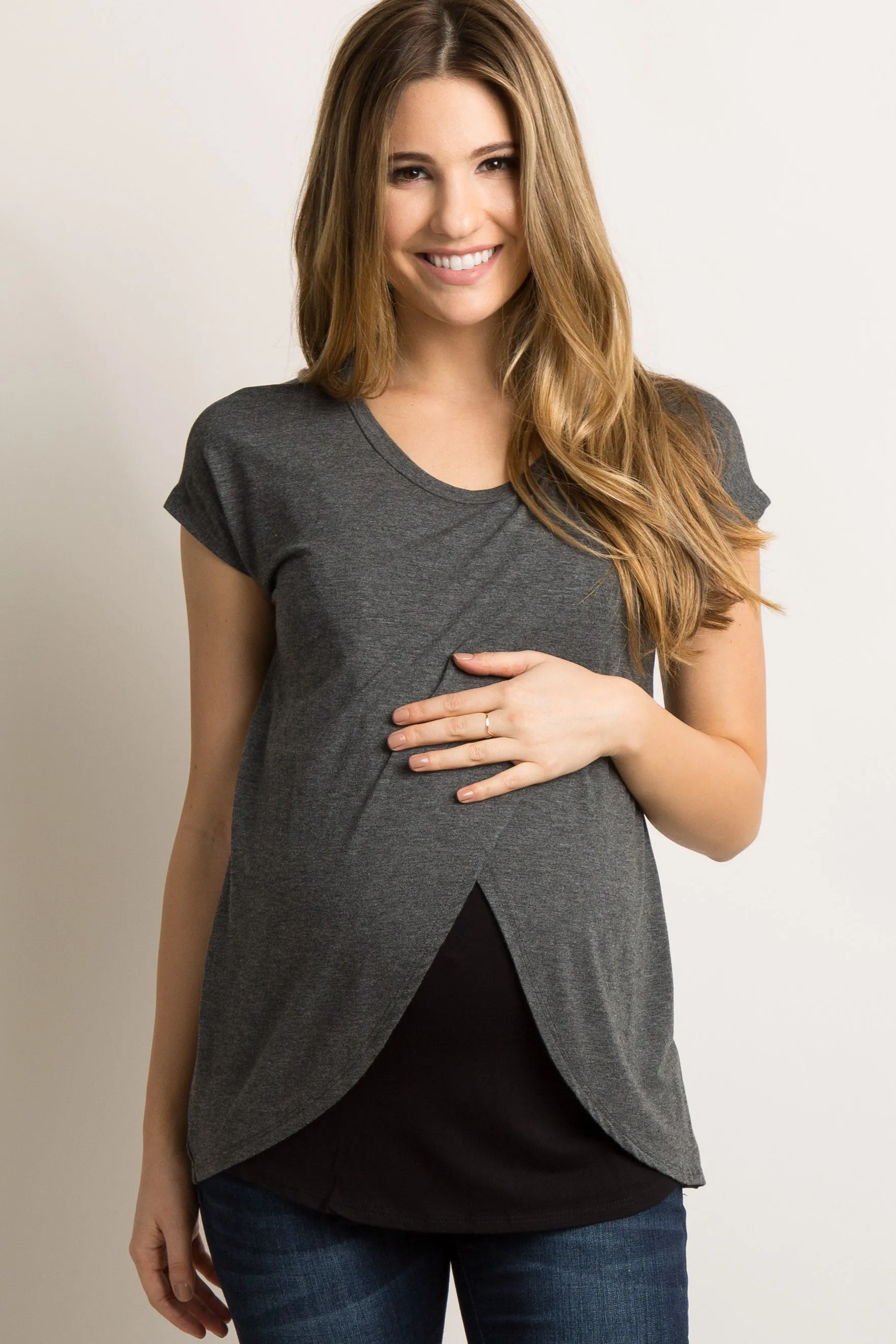 Charcoal Grey Layered Wrap Front Maternity/Nursing Top