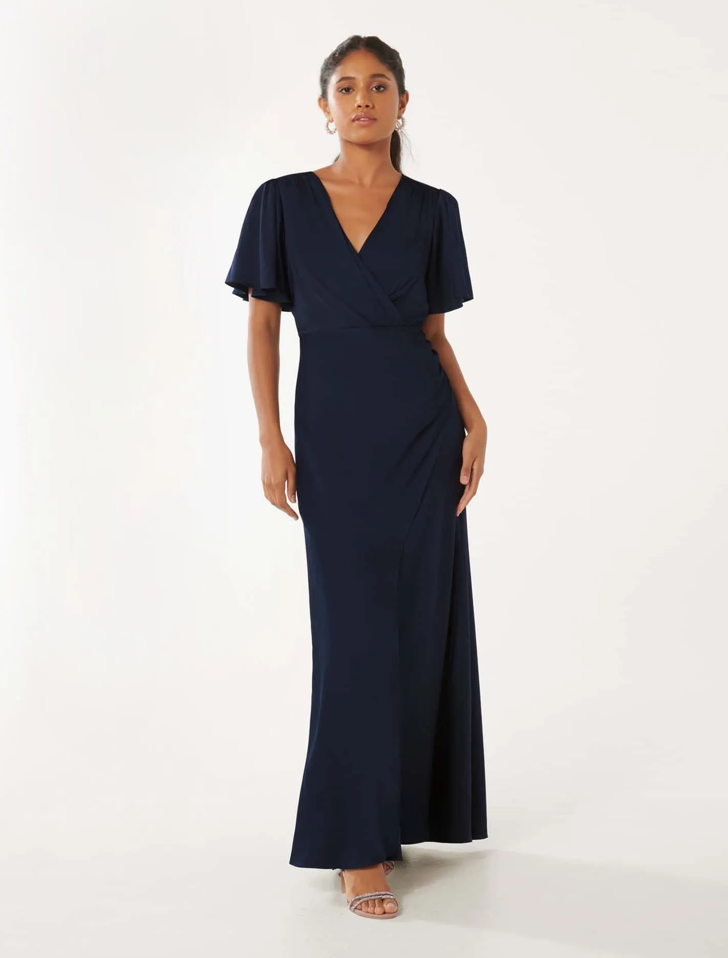 Chelsea Petite Flutter Sleeve Satin Maxi Dress