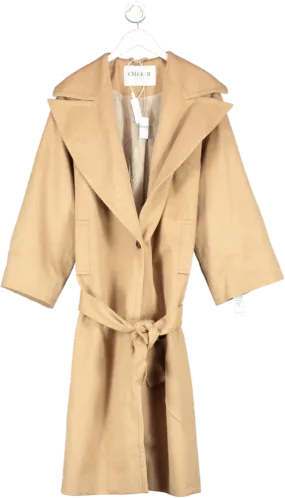 Cherir Paris Beige Camel Wool Maxi Coat With Tie Belt UK S