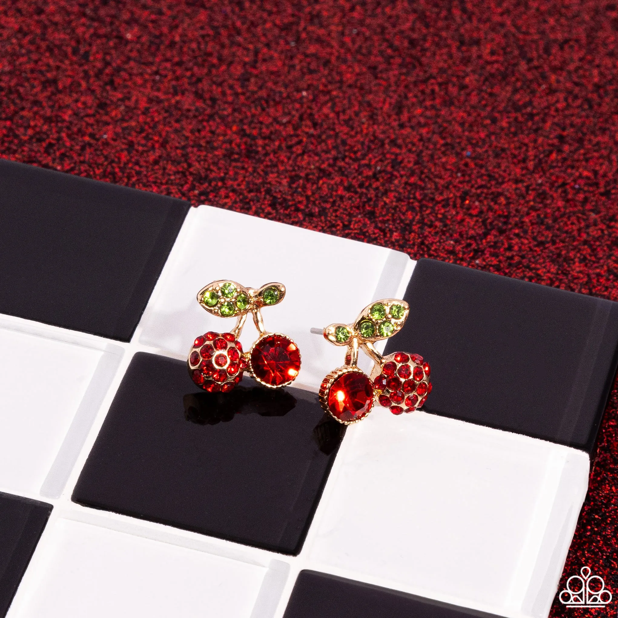 Cherry Candidate Gold & Red Rhinestone Earrings - Paparazzi Accessories