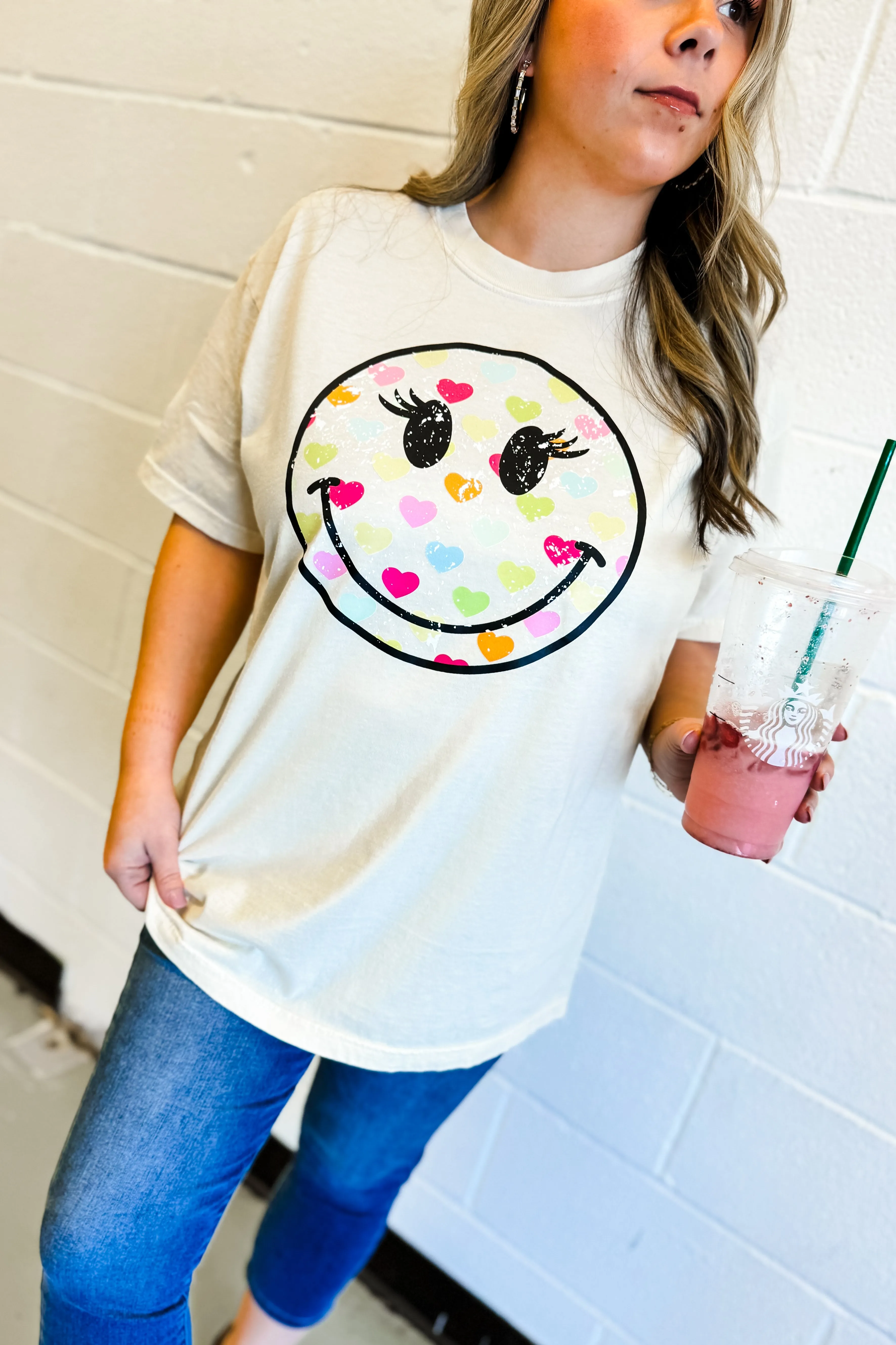 Colorful Heart Happy Face Graphic Tee, Ivory