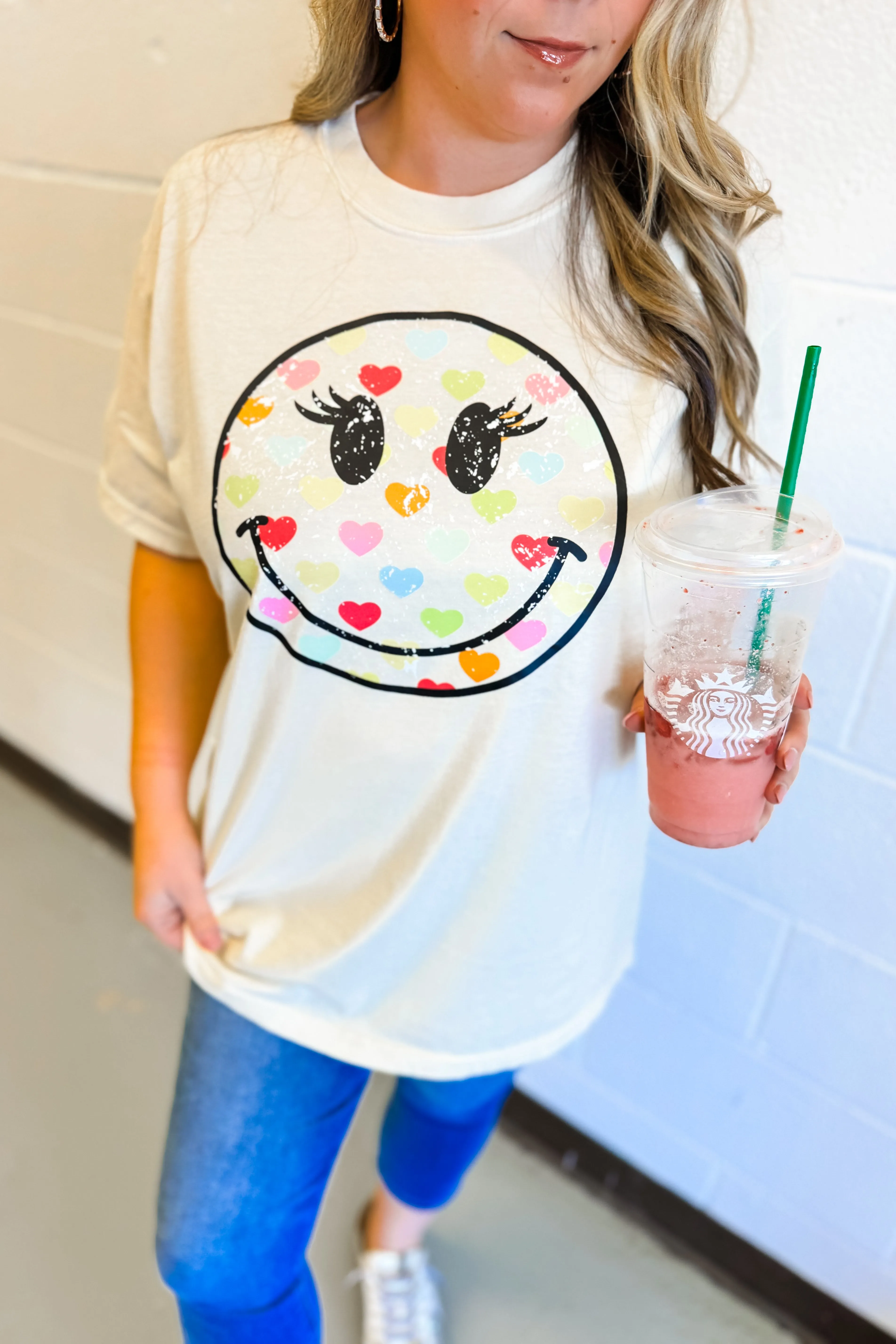 Colorful Heart Happy Face Graphic Tee, Ivory