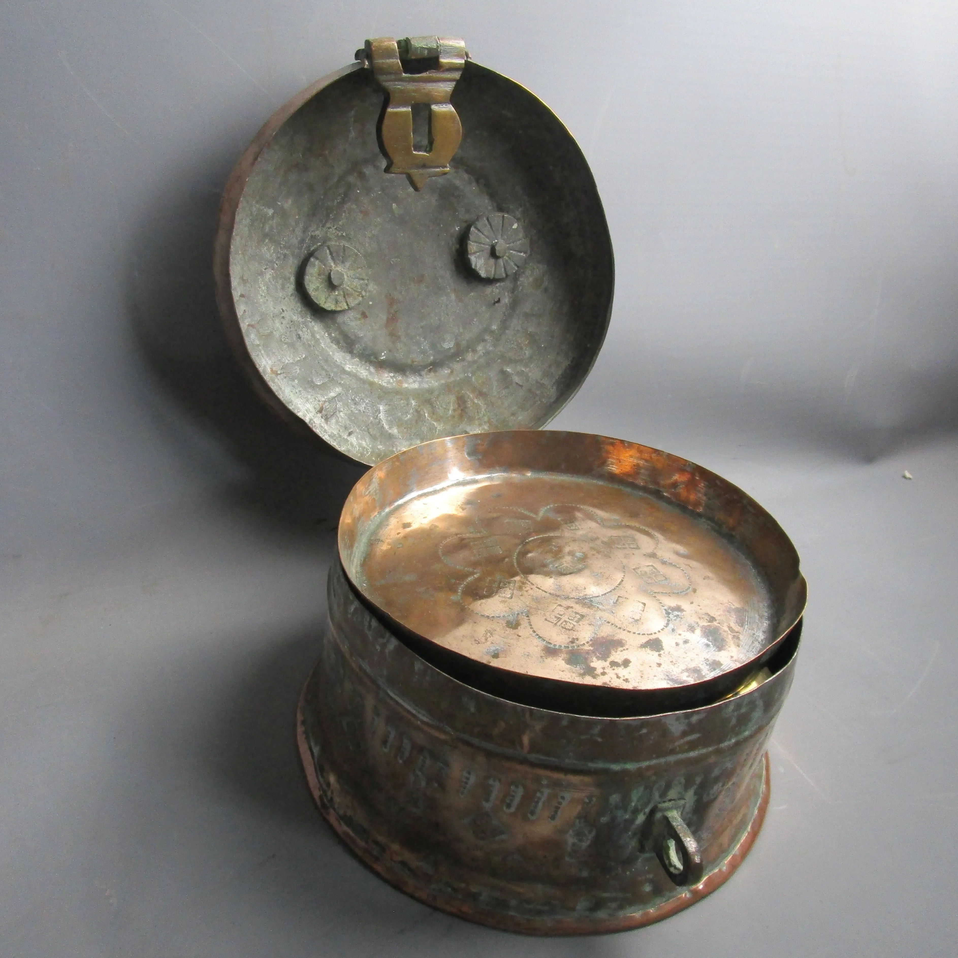 Copper And Brass Indian Spice Box With Contents Antique Edwardian c1910