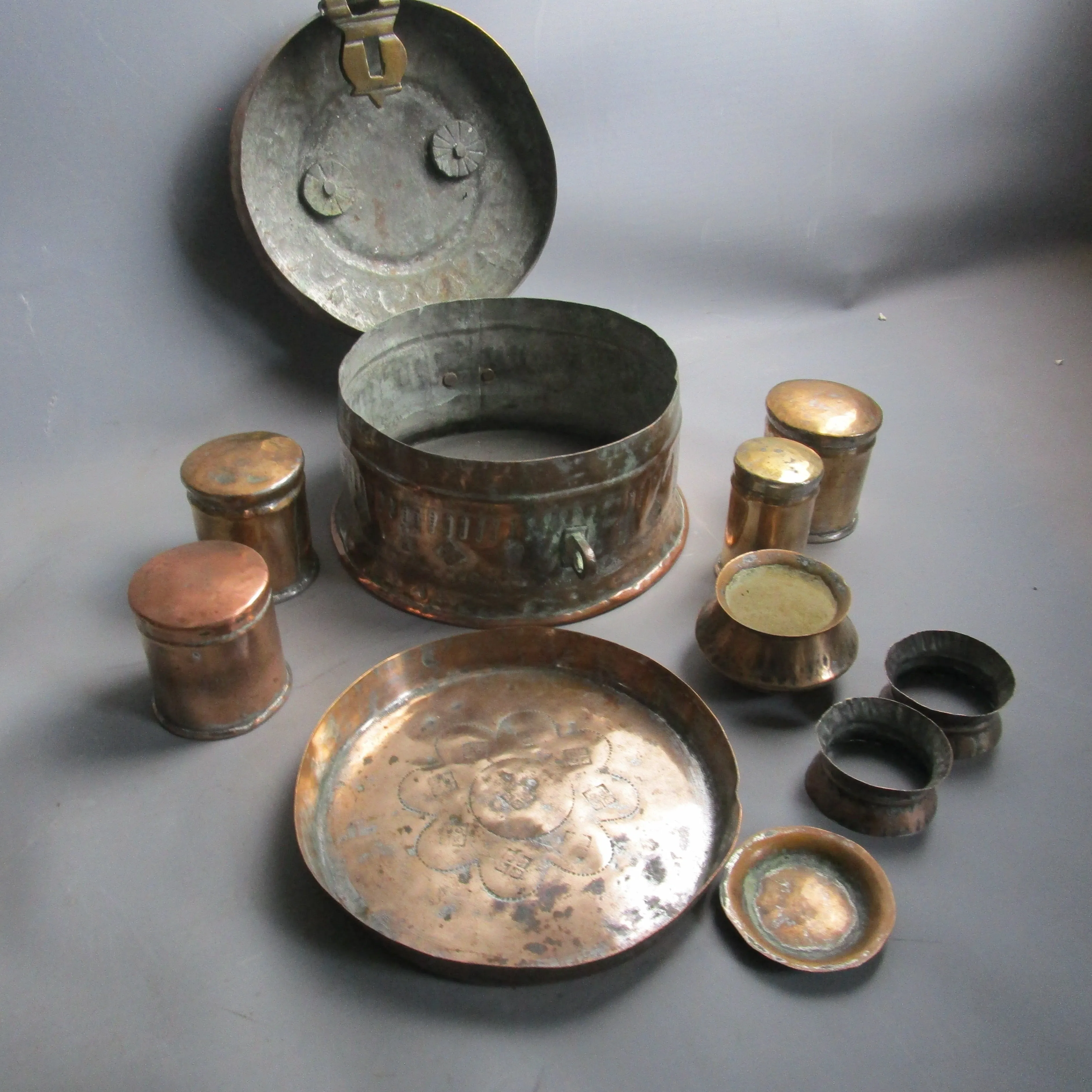 Copper And Brass Indian Spice Box With Contents Antique Edwardian c1910