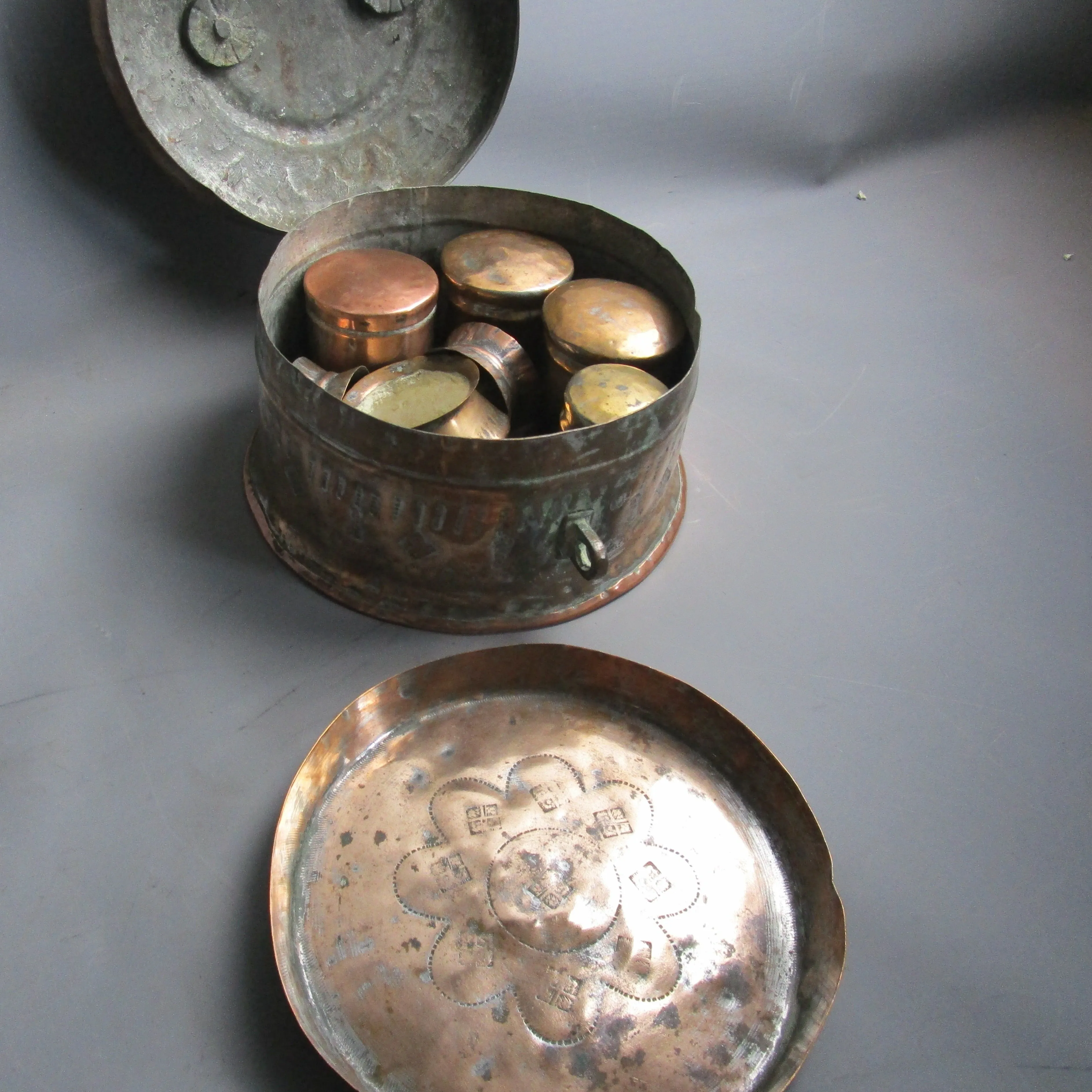 Copper And Brass Indian Spice Box With Contents Antique Edwardian c1910