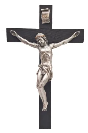 Crucifix, Black Cross, Pewter Style Corpus w/ Gold Trim, 16