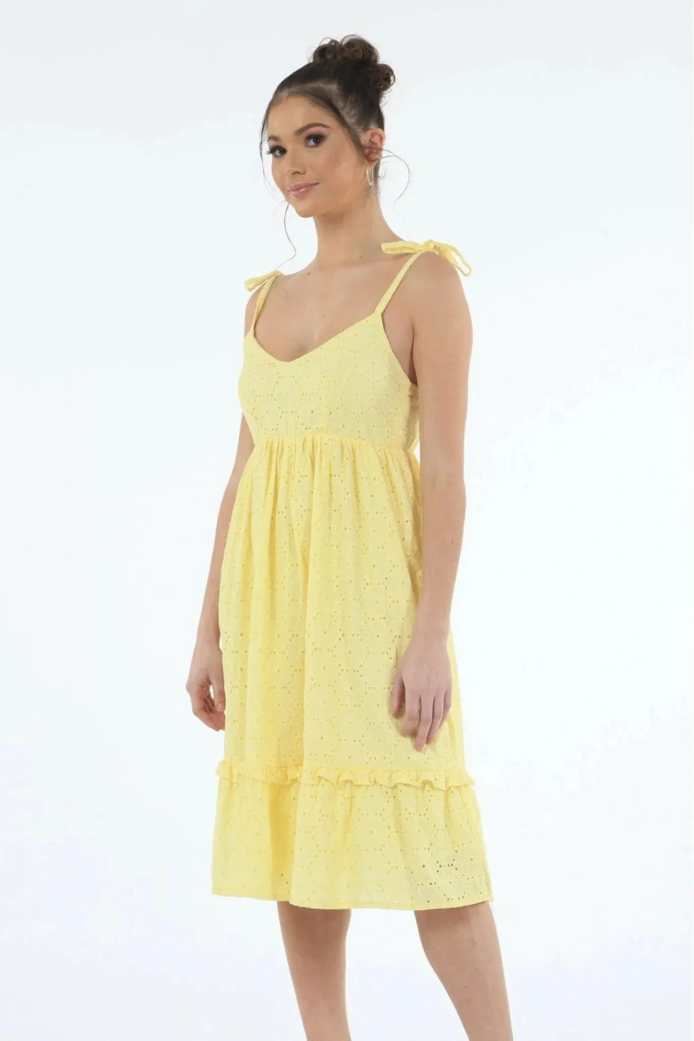 Double Second Yellow Tie Strap Broiderie Dress