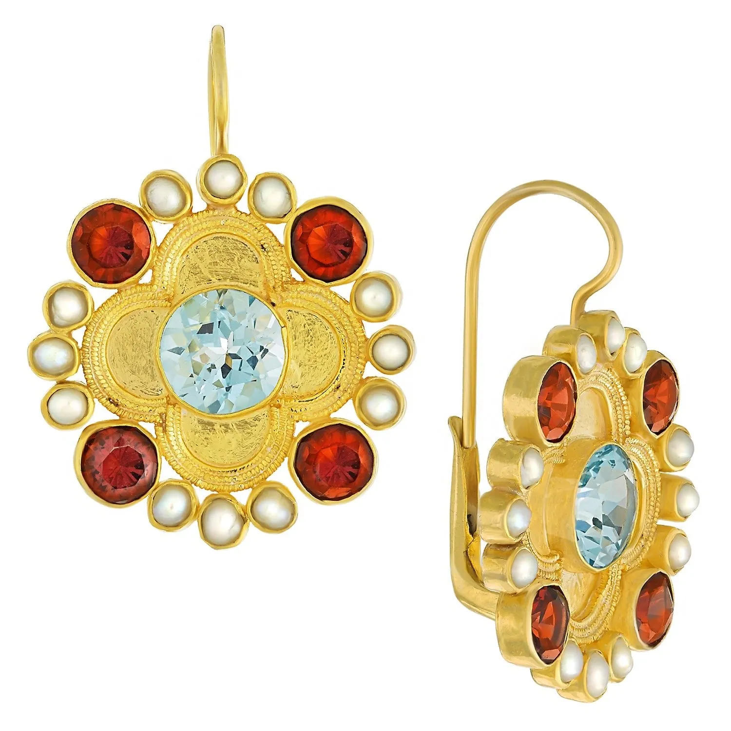 Duchess Of Alba Blue Topaz, Garnet and Pearl Earrings