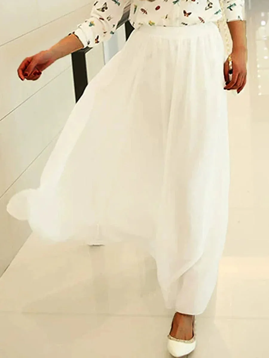 Elegant Layered High Waist Maxi Skirt for Women in Apricot, Black, White, and Red