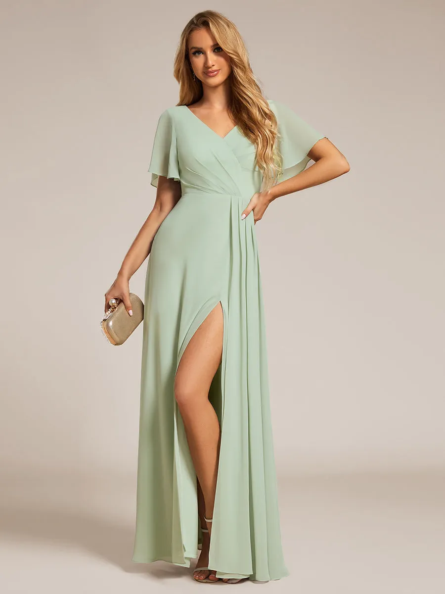 Elegant Lotus Leaf Ruffles Sleeve asymmetrical Ruched Empire Waist Chiffon Evening Dresses