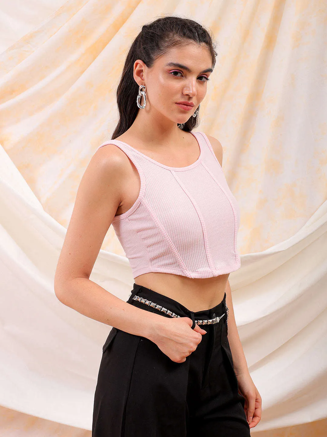 Freehand Women Pink Fitted Solid Square Neck Crop Top