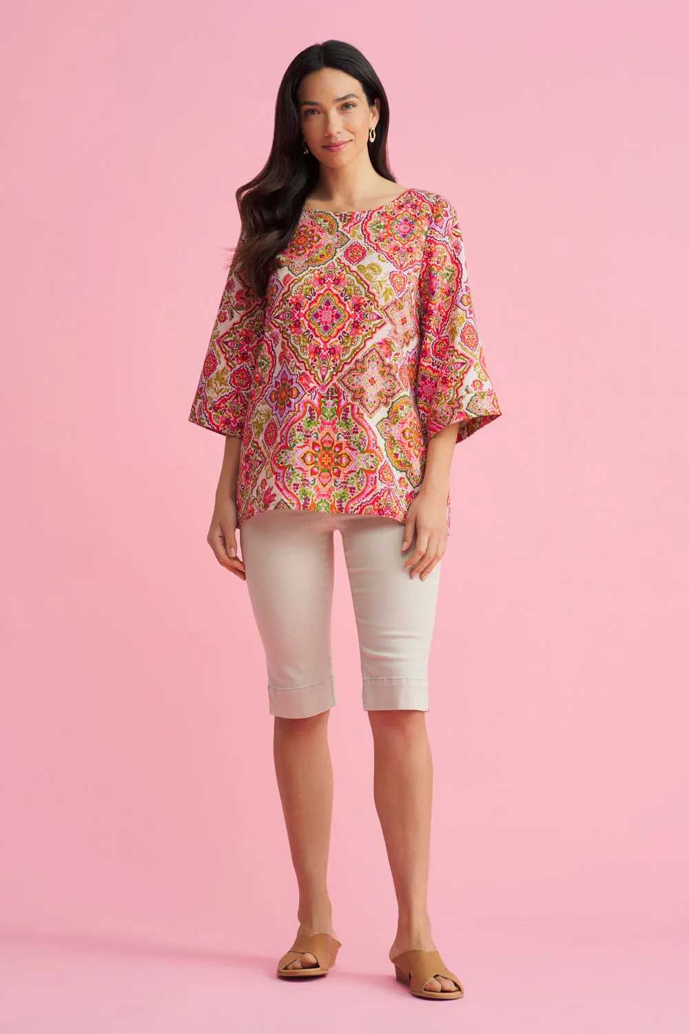 French Linen Button Detail Top - Pink Tile Print