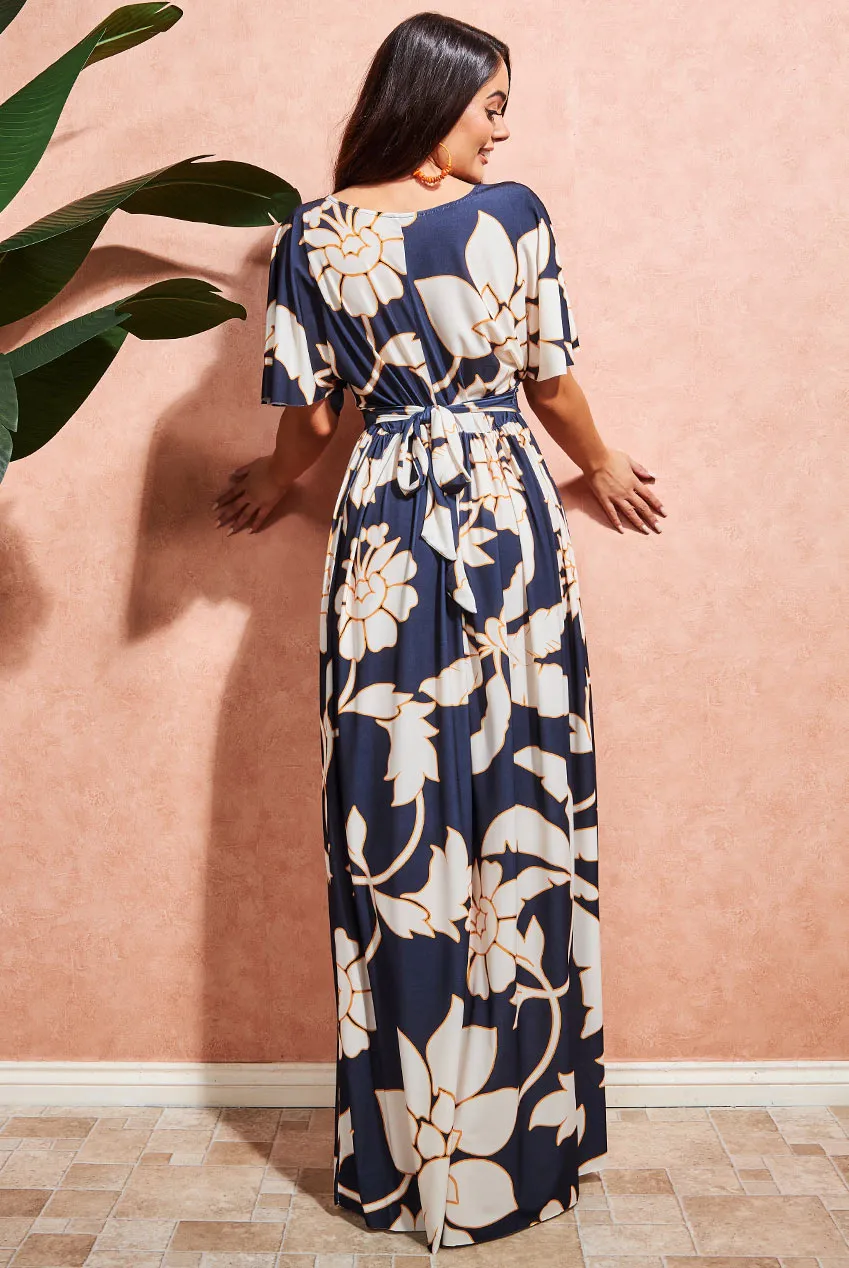 Goddiva Leaf Print Flutter Sleeve Maxi Dress