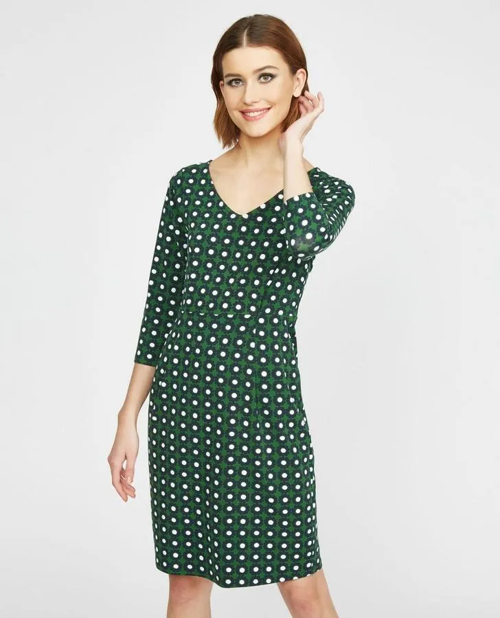 Green V-Neck Daisy Print Dress