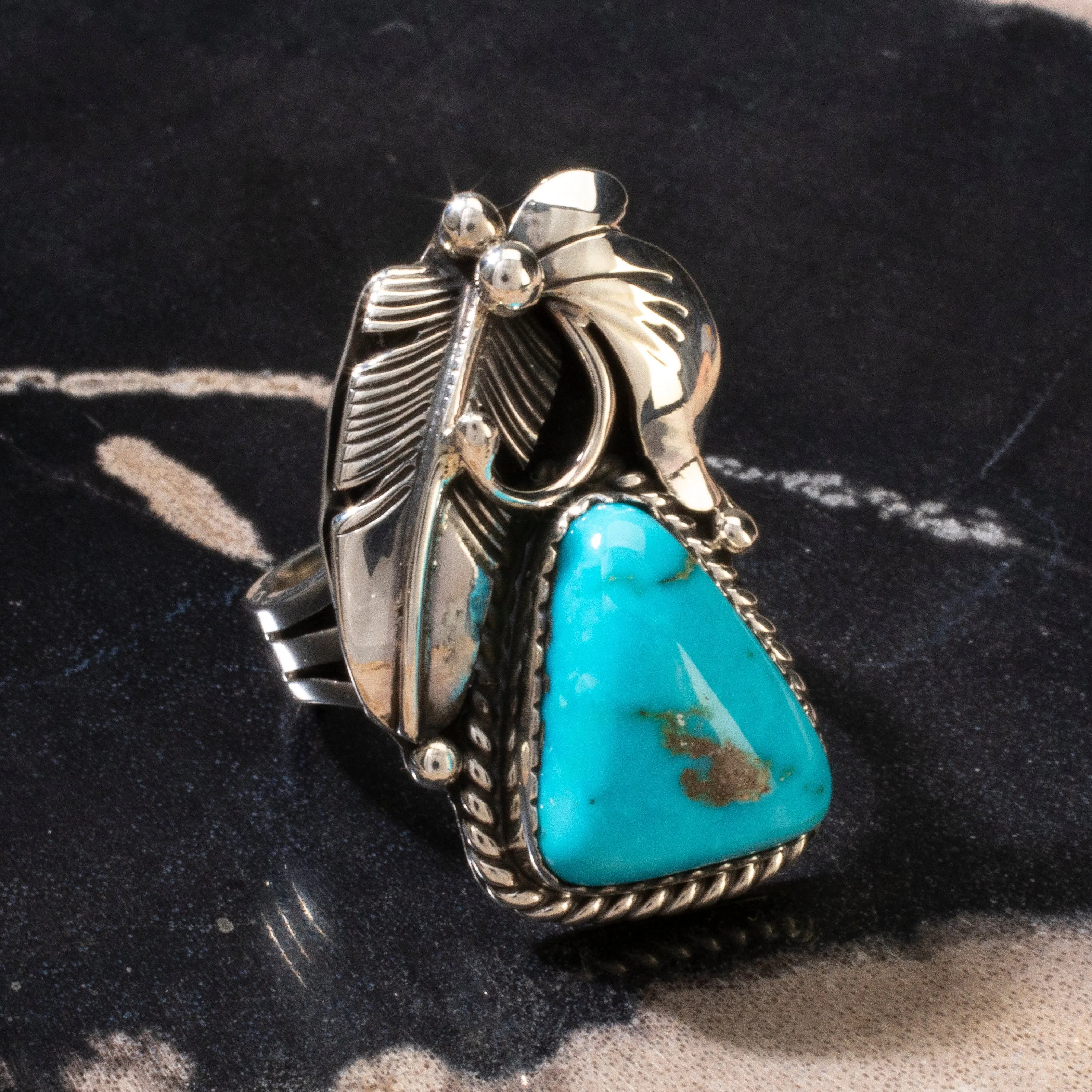 Joe Piaso Jr. Sleeping Beauty Turquoise Feather Navajo USA Native American Made 925 Sterling Silver Ring