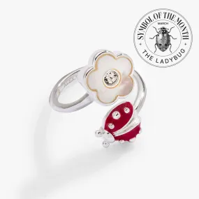 Ladybug and Mother of Pearl Flower Ring, Size 7