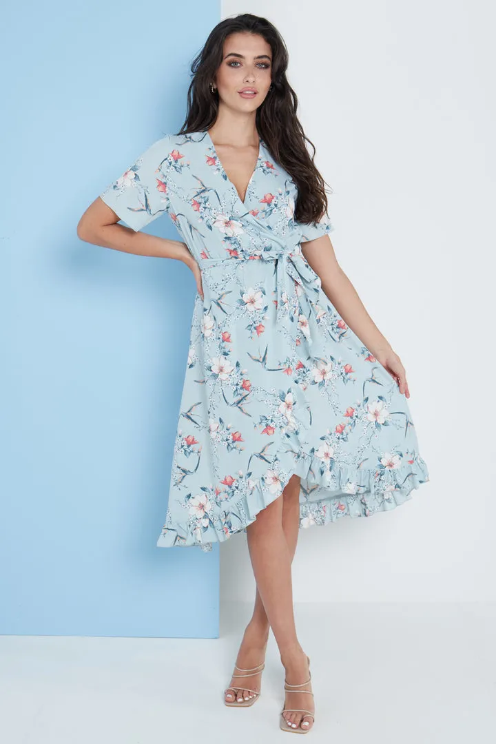 Lilura London Floral Frill Midi Wrap Dress In Blue