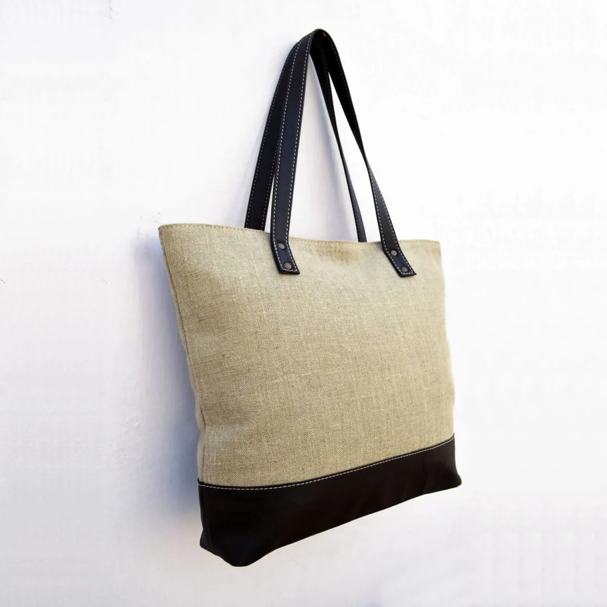 Linen and faux leather tote bag, natural with brown, classic everyday bag.