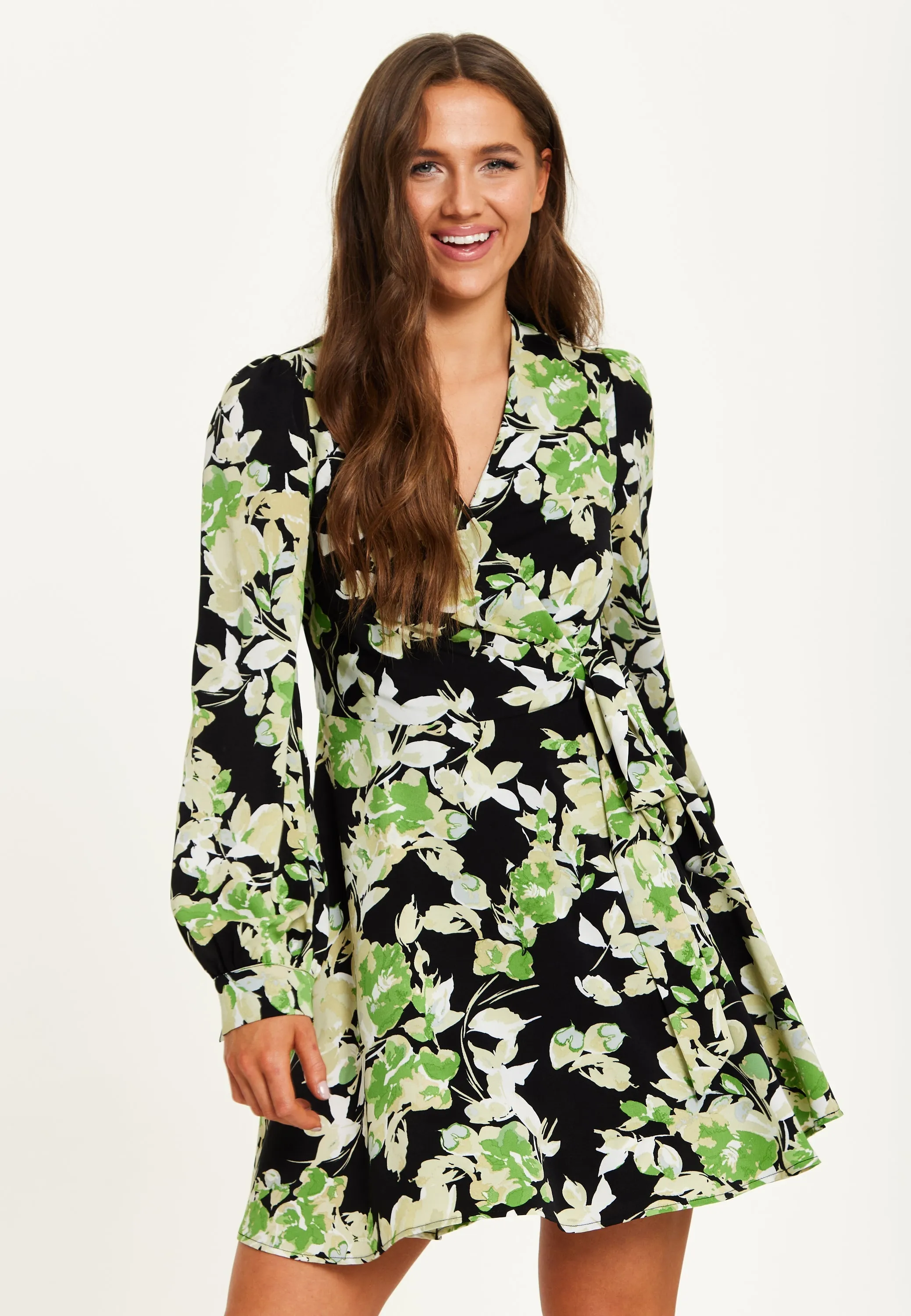 Liquorish Green Floral Print Mini Wrap Dress