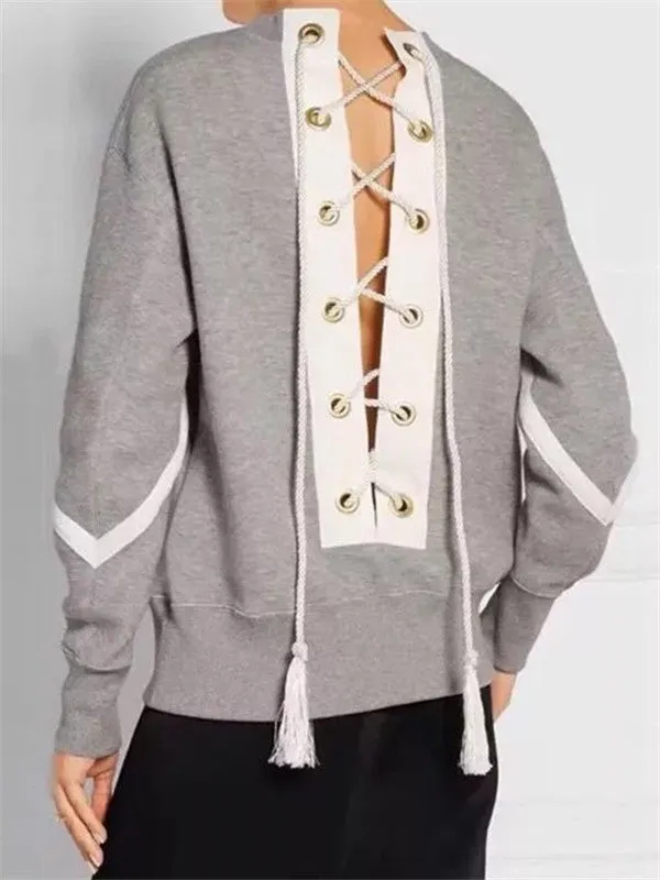 Loose Casual Lace Up Back Pullover Sweatshirt