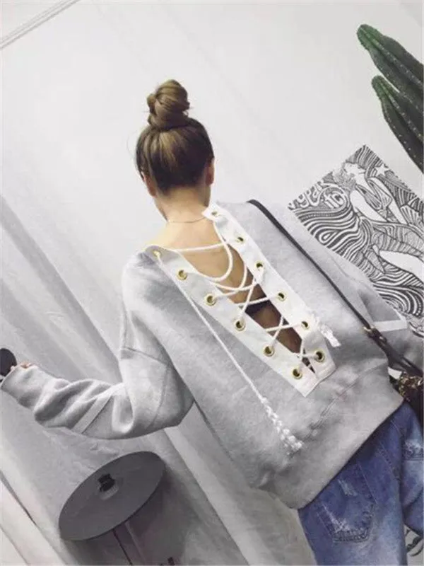 Loose Casual Lace Up Back Pullover Sweatshirt