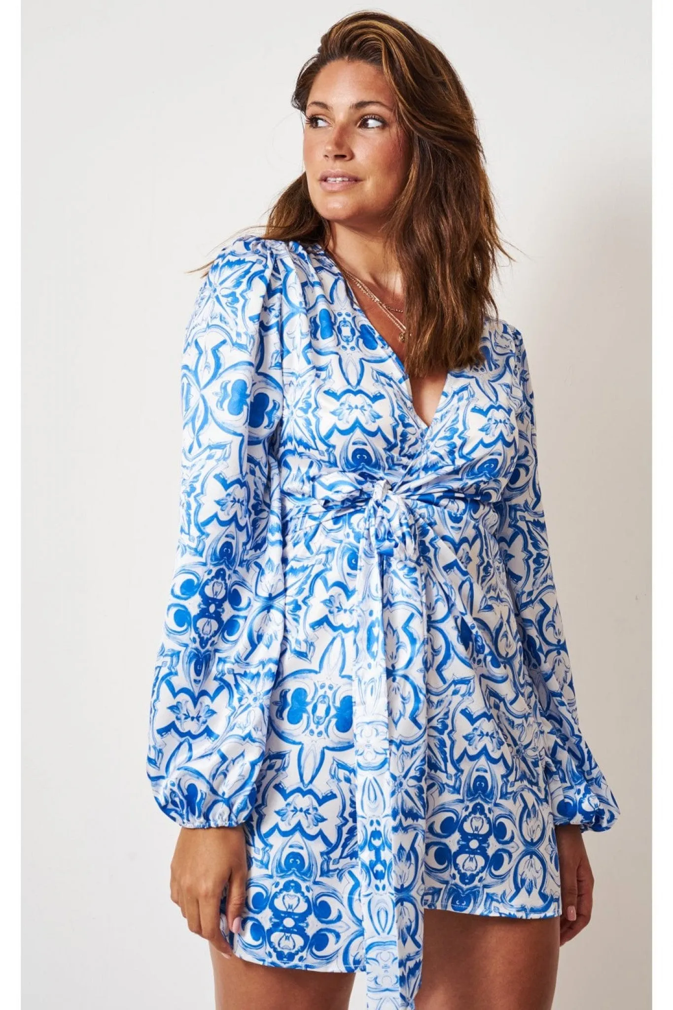 Love Frontrow Blue Porcelain Tile Mini Wrap Dress