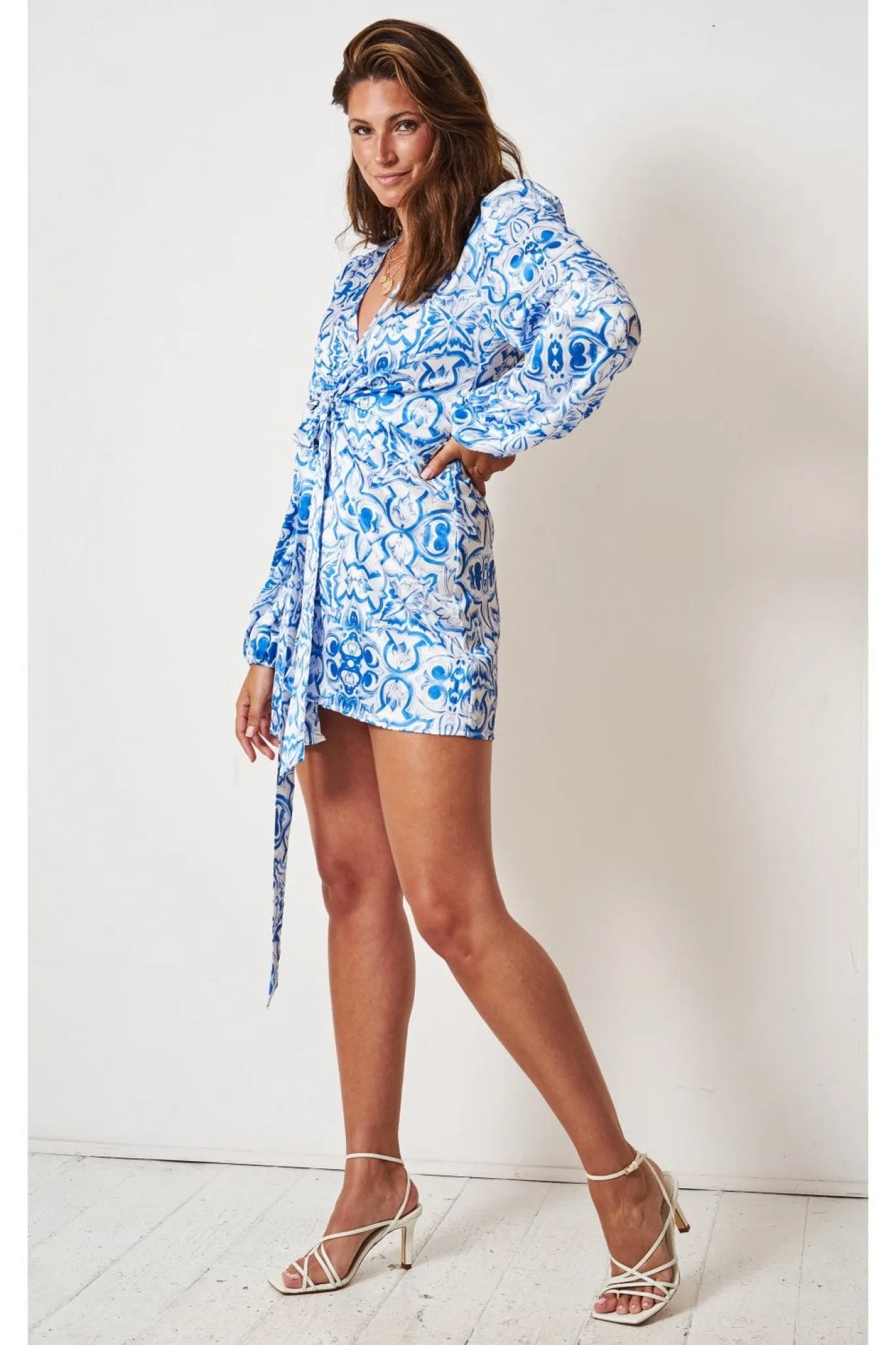 Love Frontrow Blue Porcelain Tile Mini Wrap Dress