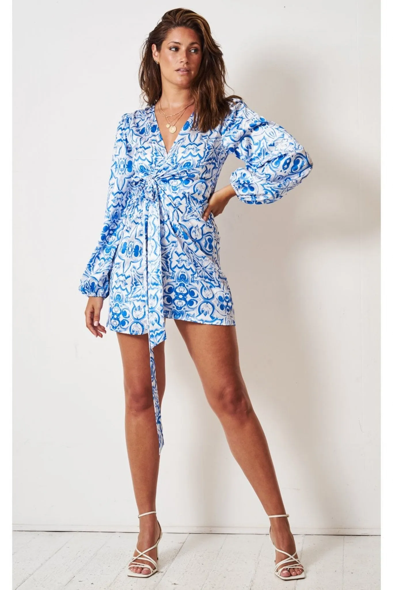 Love Frontrow Blue Porcelain Tile Mini Wrap Dress