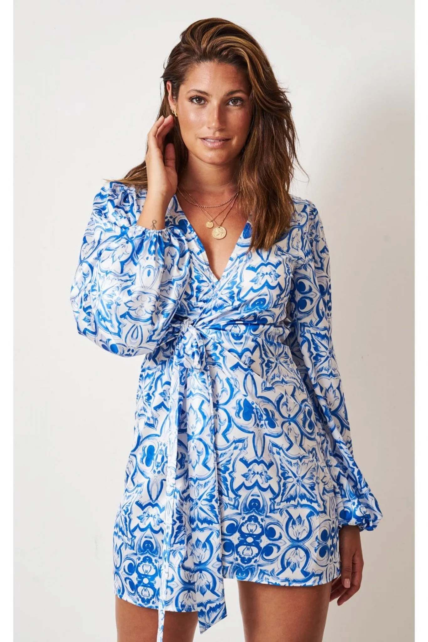 Love Frontrow Blue Porcelain Tile Mini Wrap Dress