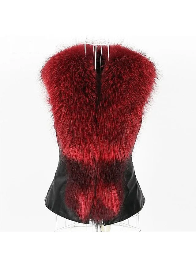 Luxurious Faux Leather Jacket Vest with Faux Fur Collar