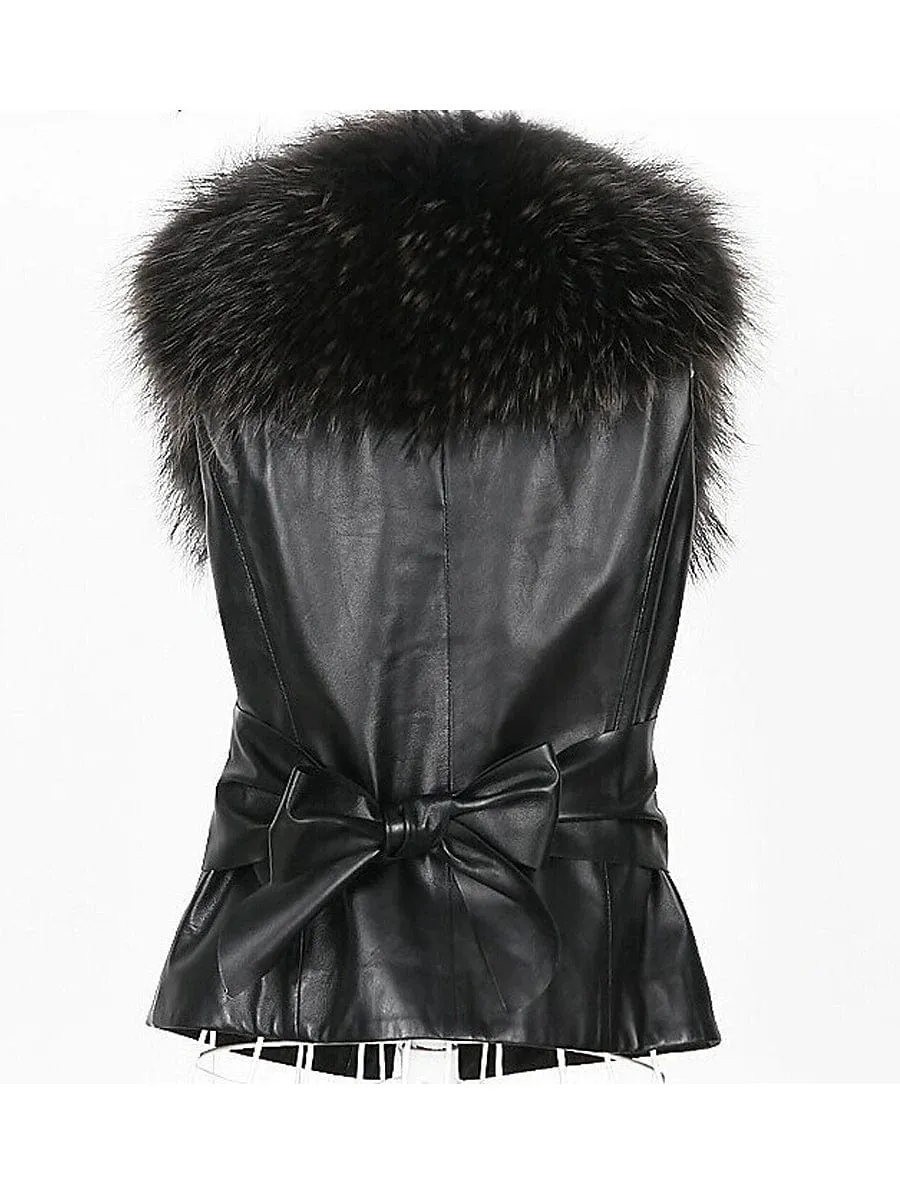 Luxurious Faux Leather Jacket Vest with Faux Fur Collar