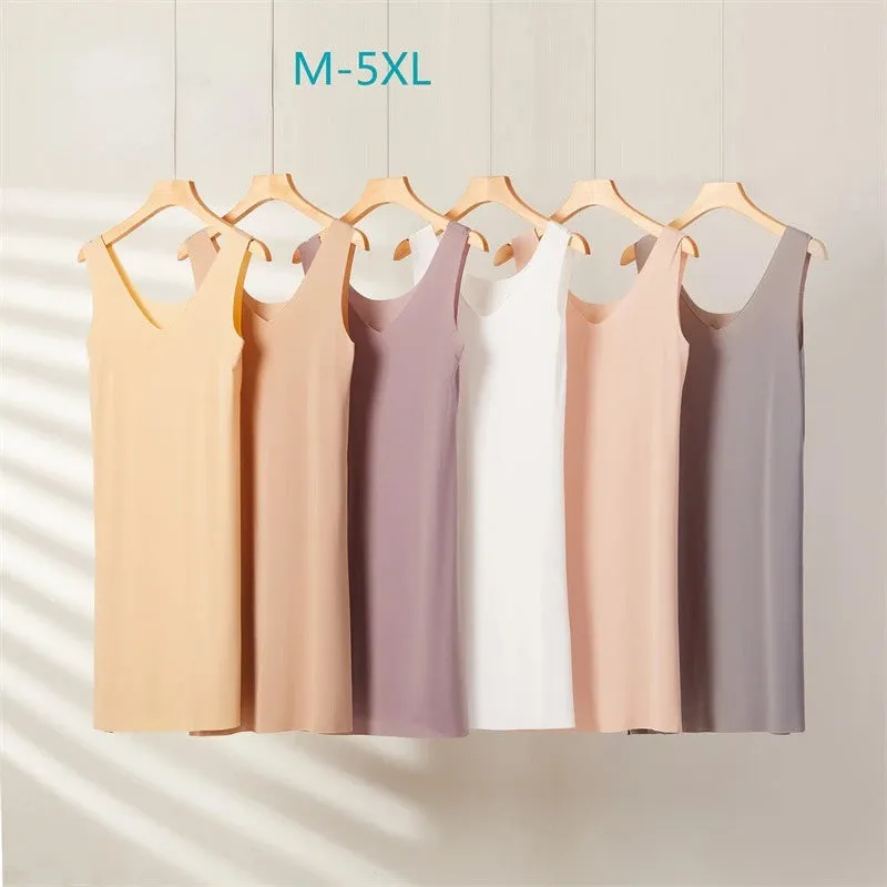 M-5XL Plus Size UV Neck Slips Dresses For Women Summer Thin Cool Seamless Petticoat Underskirt Sleeveless Underwear Skirt