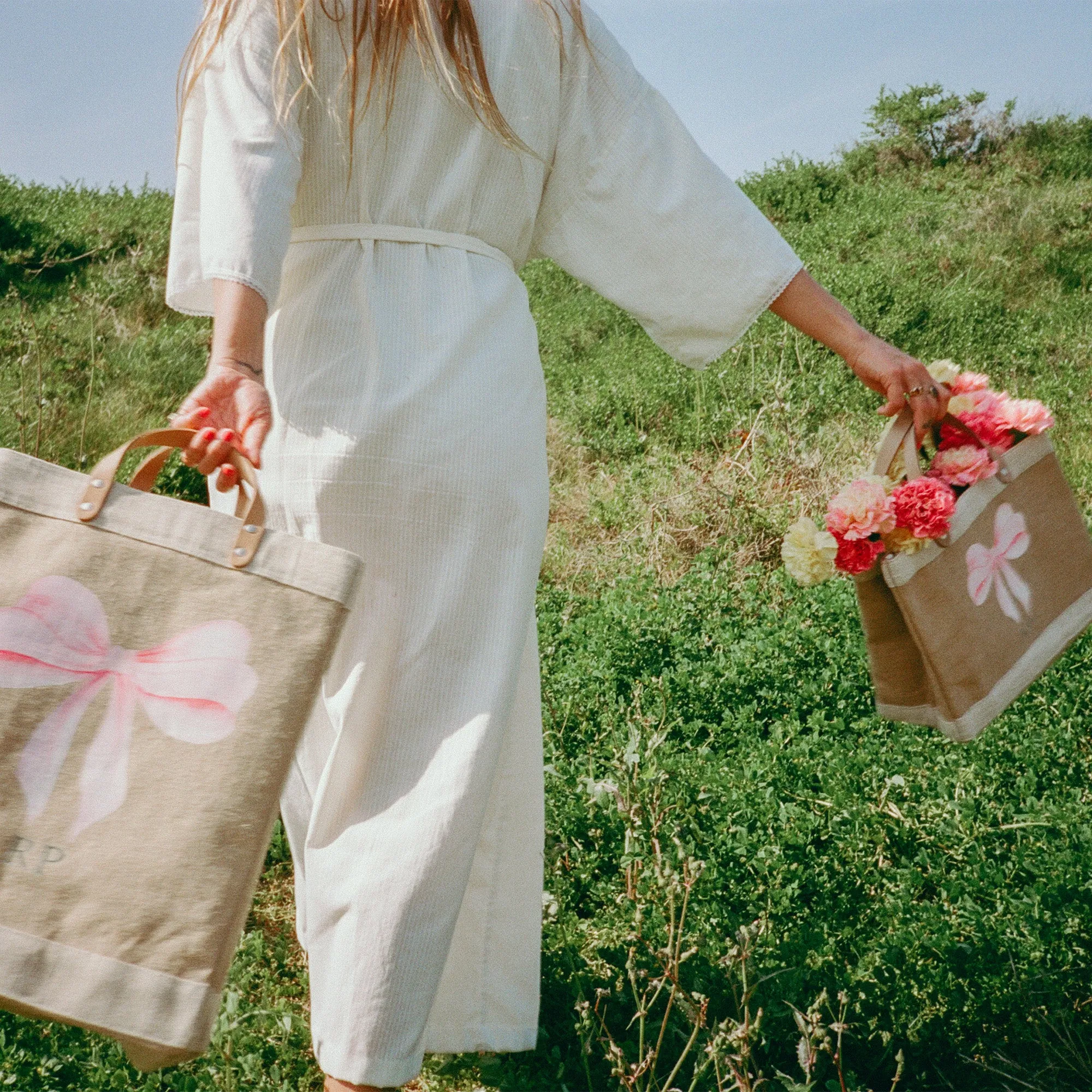 Market Tote in Natural with Rose Bow by Amy Logsdon