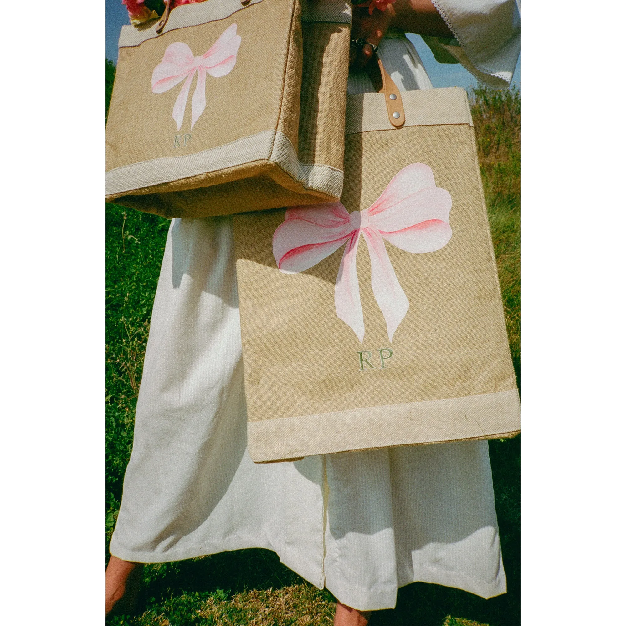 Market Tote in Natural with Rose Bow by Amy Logsdon